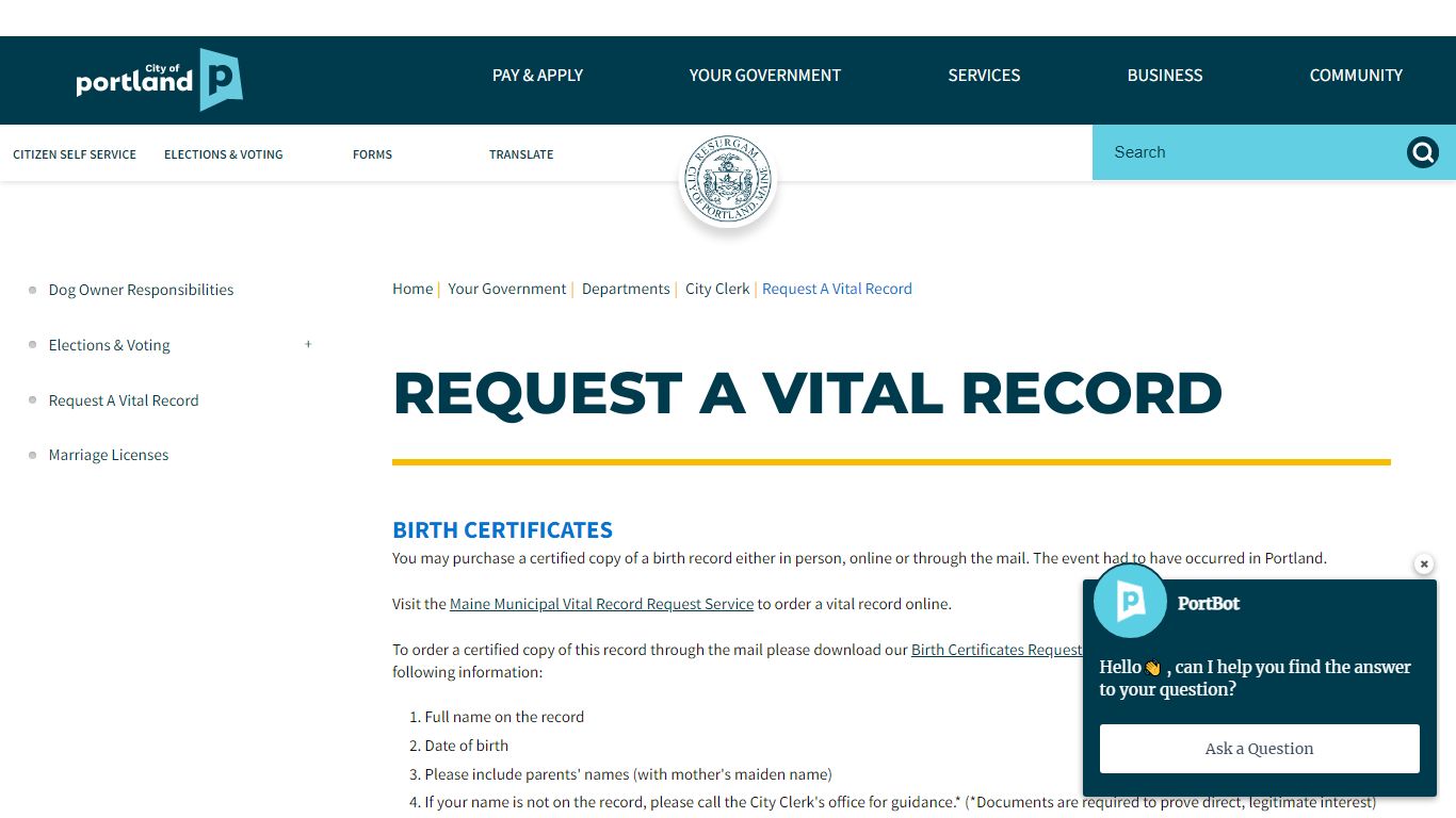 Request A Vital Record | Portland, ME - Official Website